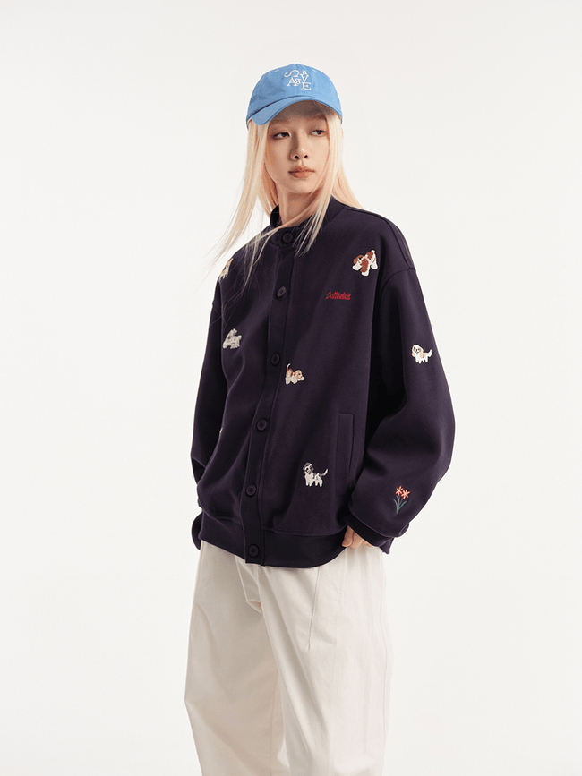 Dog Embroidered Button-Front Sweatshirt Jacket Main Image