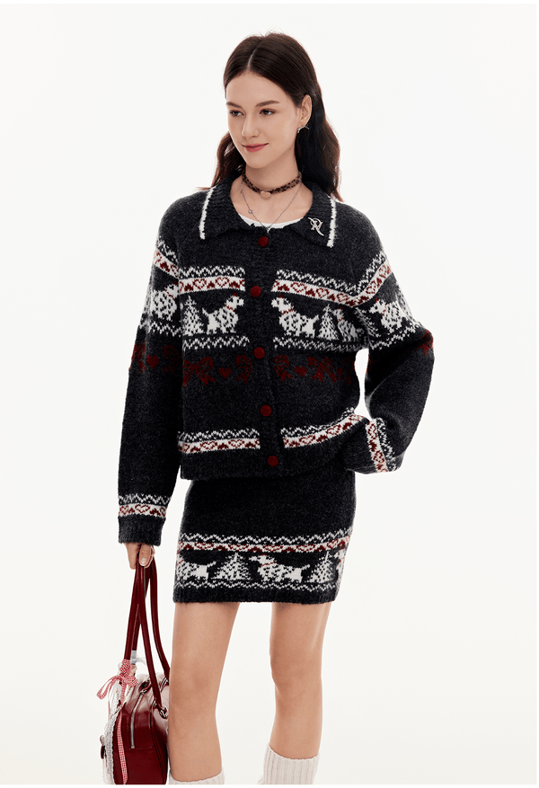 Dog Fair Isle Vintage Knit Cardigan and Skirt Set - COPPING THREADS - CHICISLAND