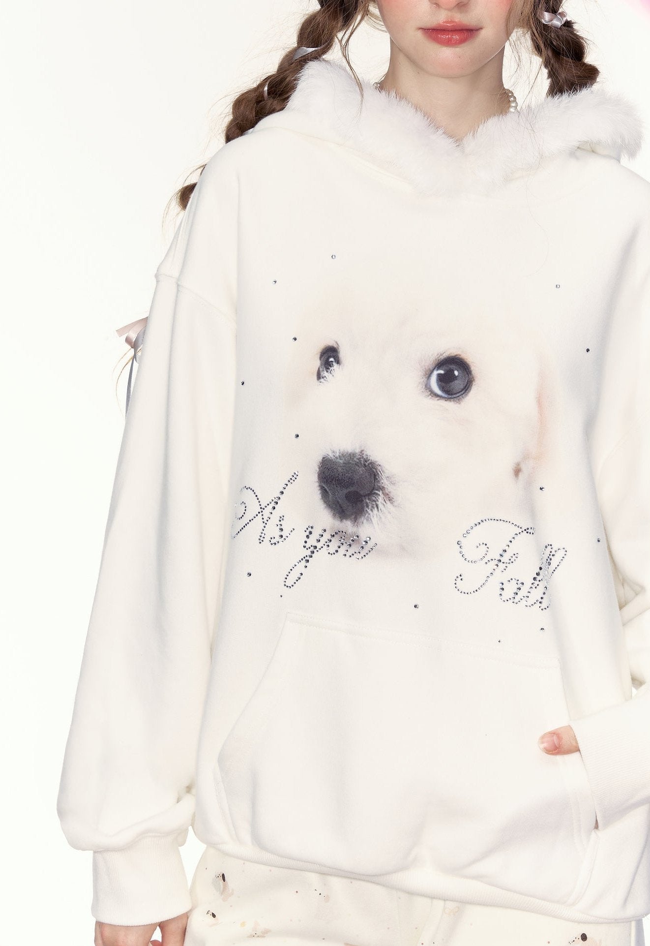 Dog Graphic Rhinestone Furry Trim Hoodie - COPPING THREADS - AYF