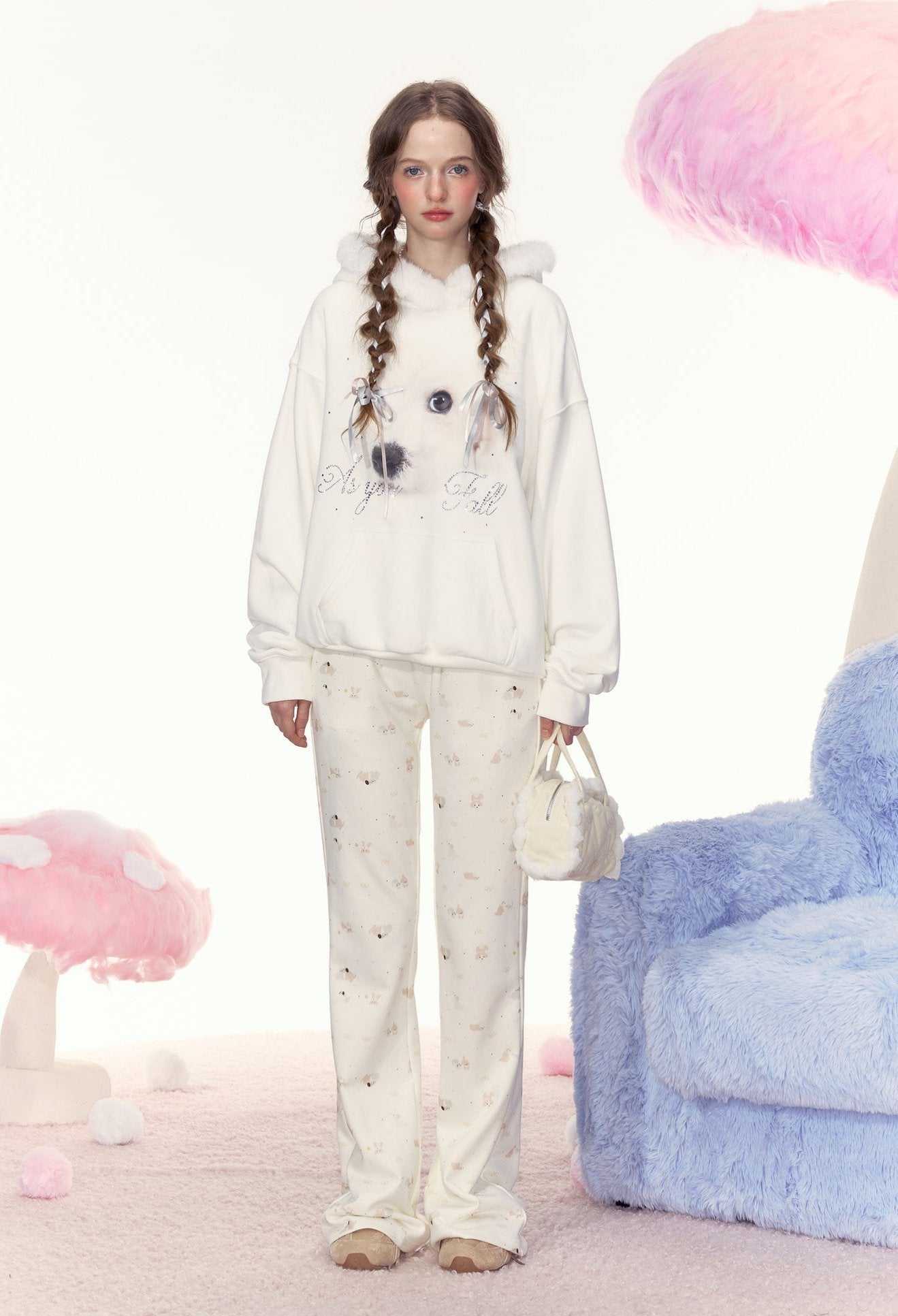 Dog Graphic Rhinestone Furry Trim Hoodie - COPPING THREADS - AYF