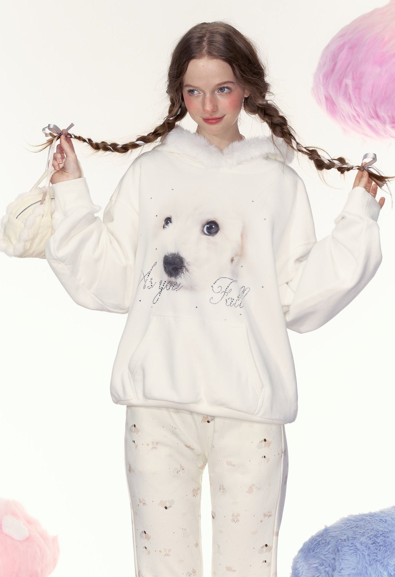 Dog Graphic Rhinestone Furry Trim Hoodie - COPPING THREADS - AYF