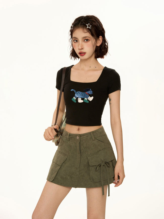 T-Shirt mit quadratischem Ausschnitt und Hundemuster Main Image