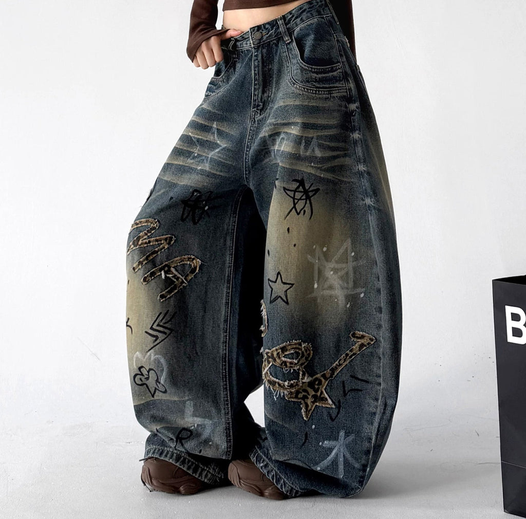 Doodle-Print Wide-Leg Jeans - COPPING THREADS - CT ORIGINALS