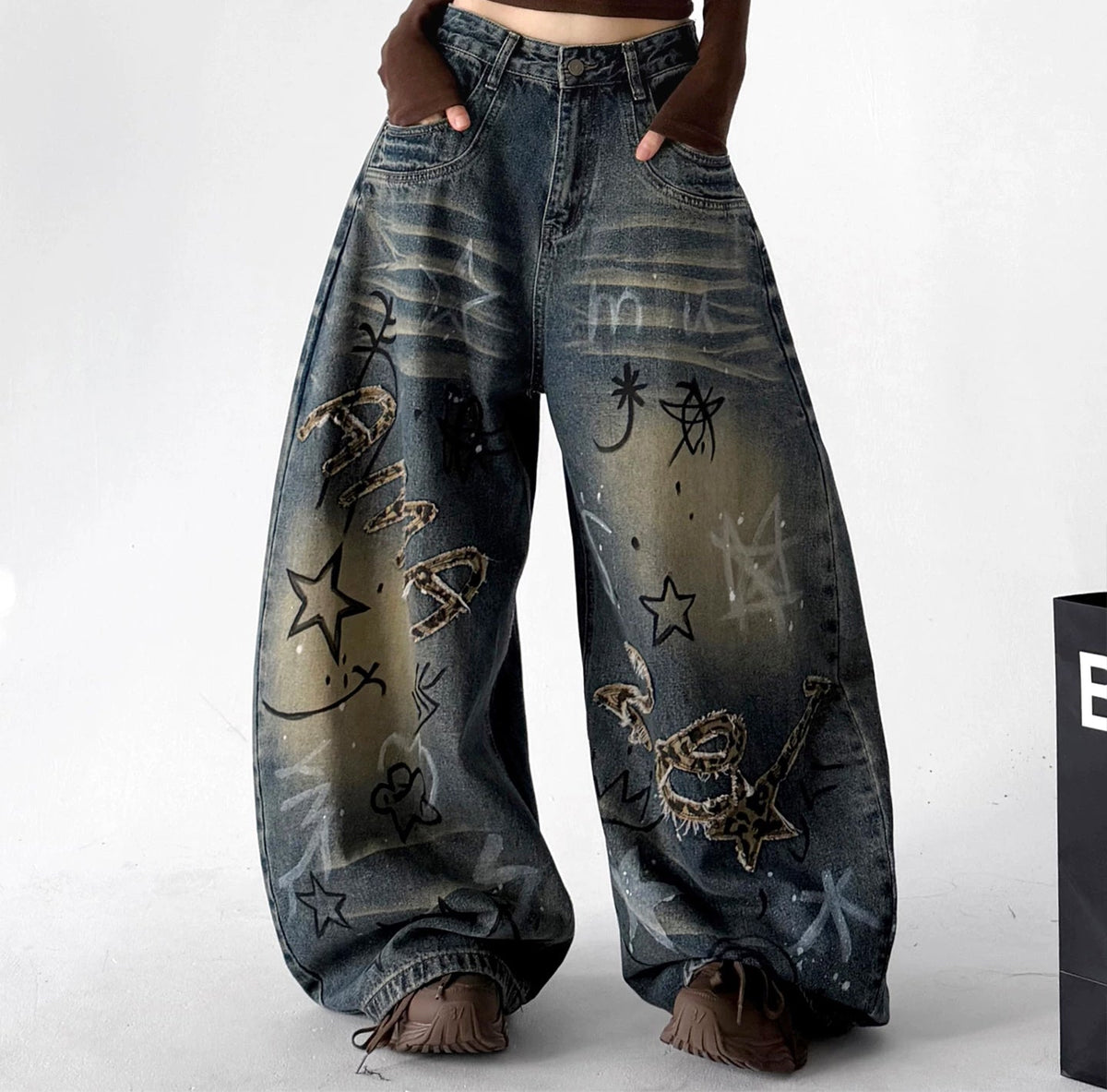 Doodle-Print Wide-Leg Jeans - COPPING THREADS - CT ORIGINALS