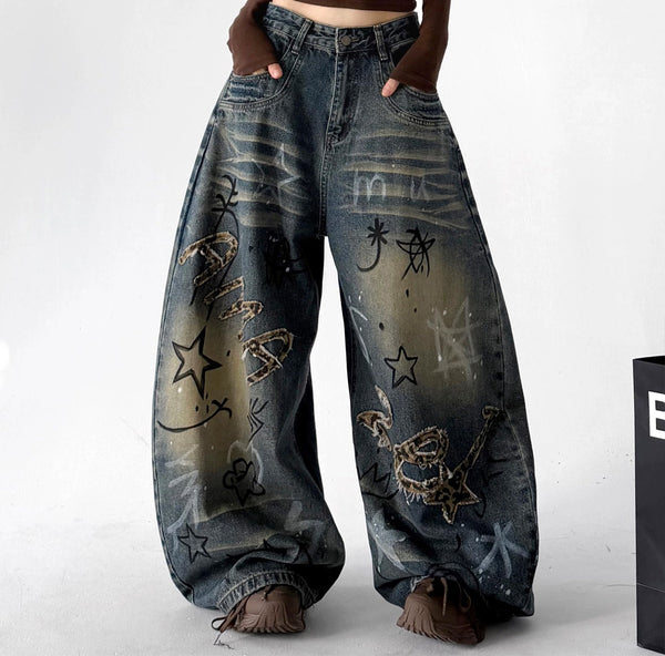 Doodle-Print Wide-Leg Jeans - COPPING THREADS - CT ORIGINALS