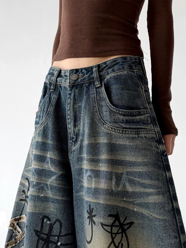 Doodle-Print Wide-Leg Jeans - COPPING THREADS - CT ORIGINALS