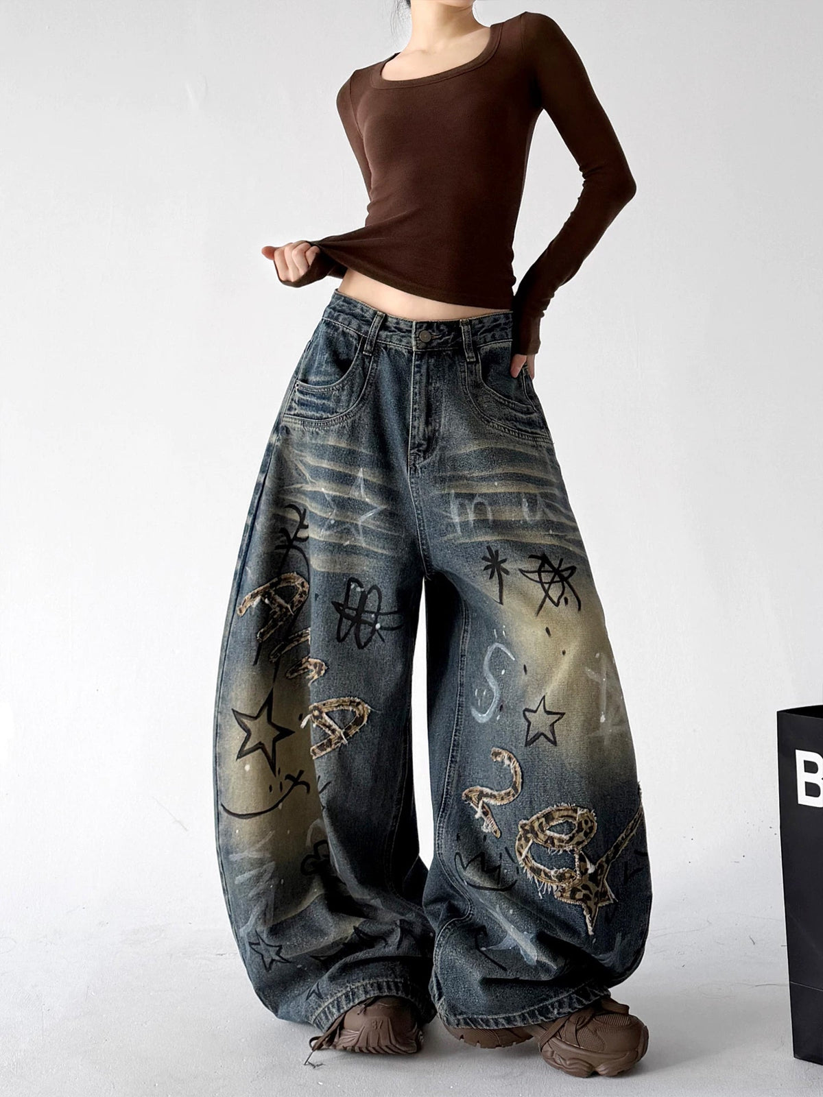 Doodle-Print Wide-Leg Jeans - COPPING THREADS - CT ORIGINALS