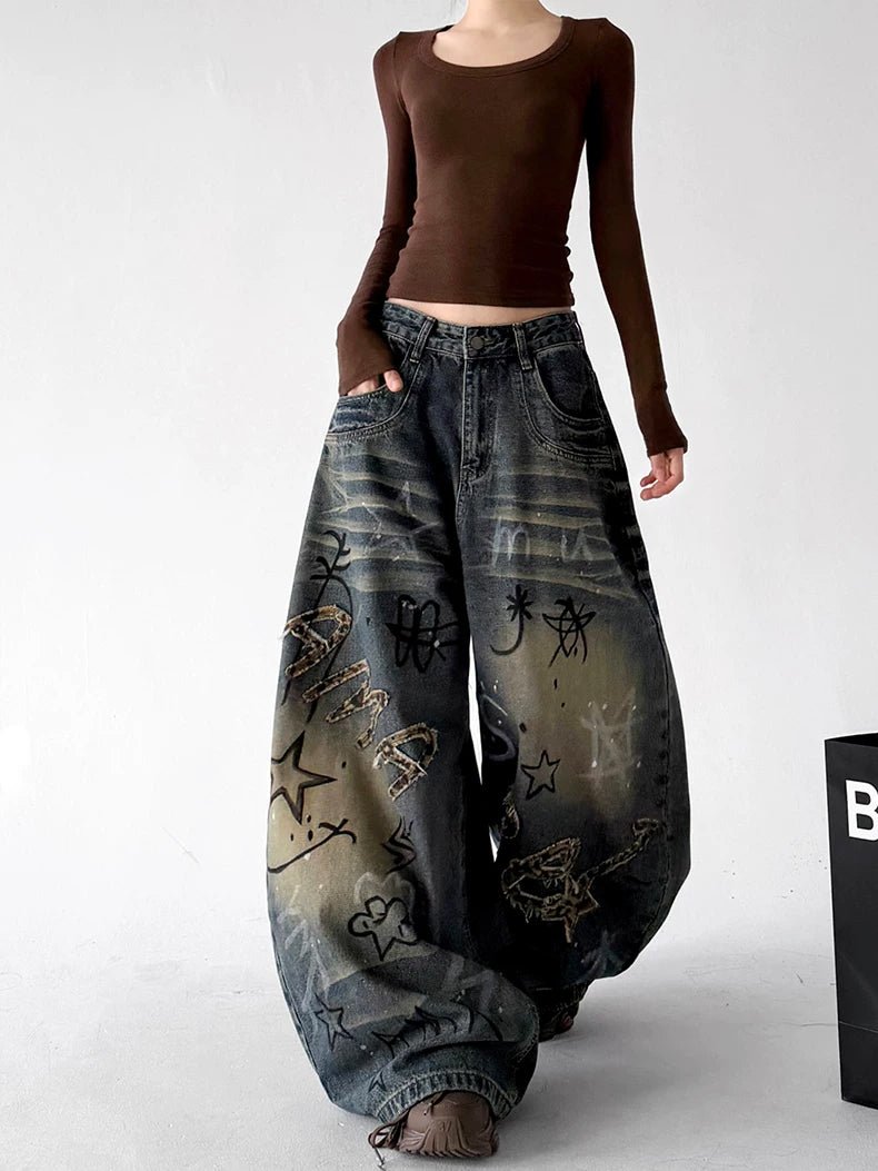 Doodle-Print Wide-Leg Jeans - COPPING THREADS - CT ORIGINALS