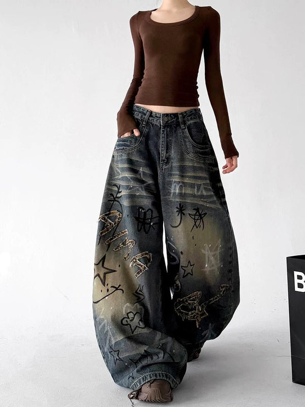 Doodle-Print Wide-Leg Jeans - COPPING THREADS - CT ORIGINALS