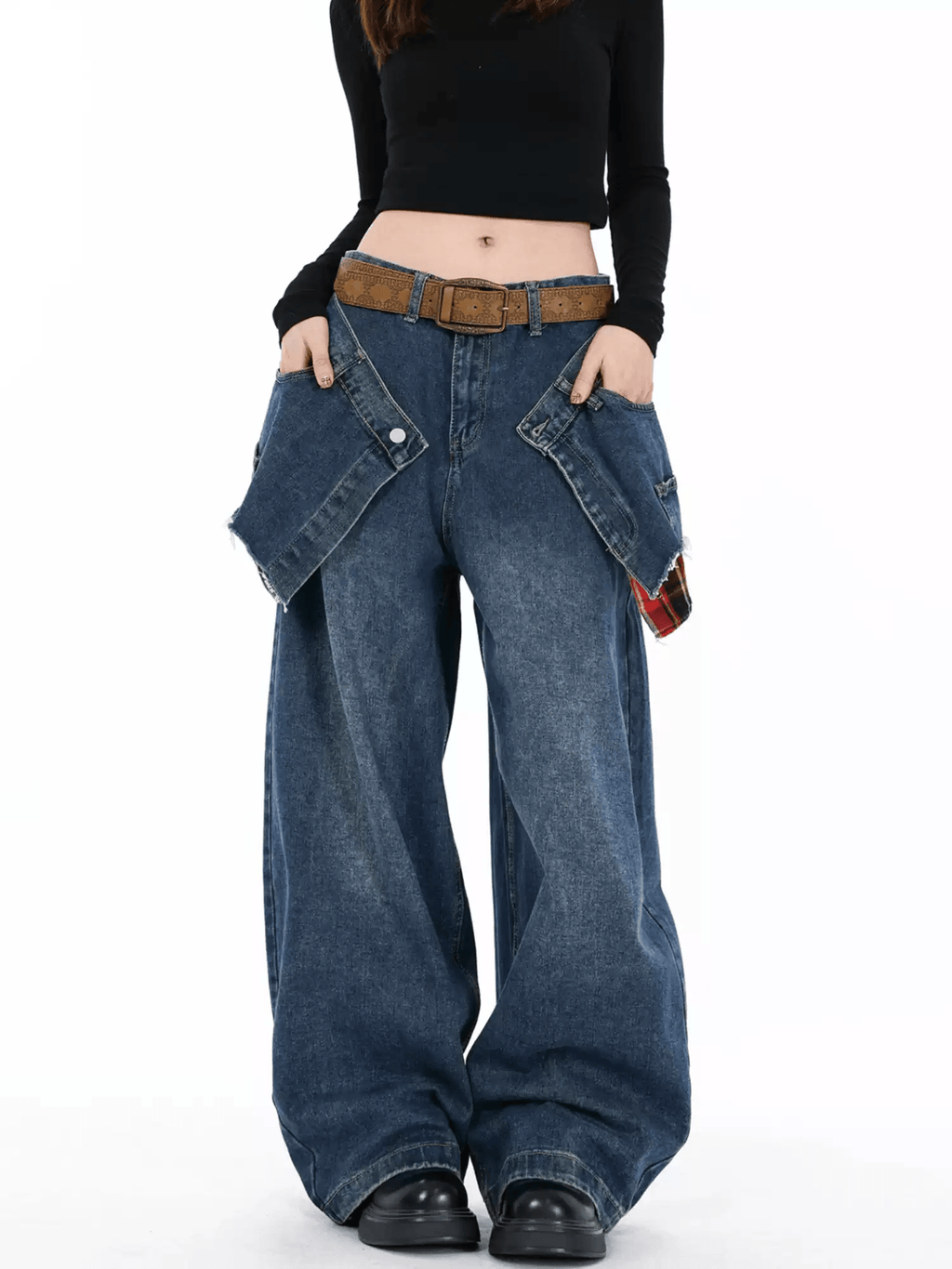 Double Waist Plaid Patchwork Wide - Leg Jeans - COPPING THREADS - CT Select