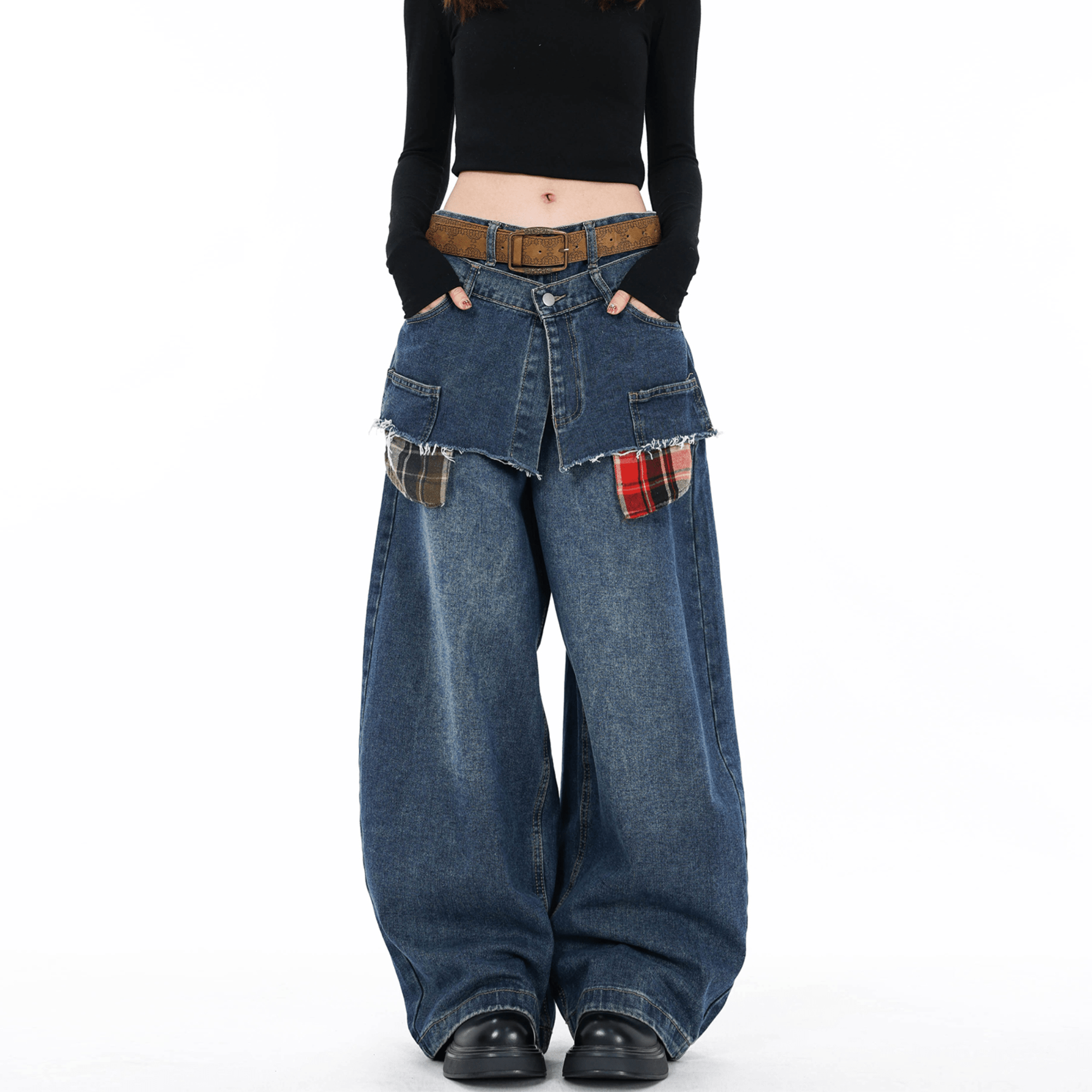 Double Waist Plaid Patchwork Wide - Leg Jeans - COPPING THREADS - CT Select