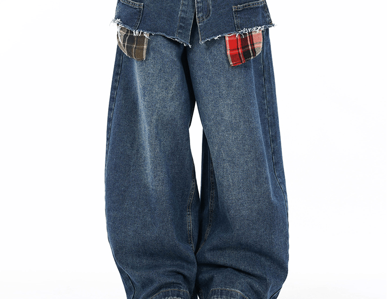 Double Waist Plaid Patchwork Wide - Leg Jeans - COPPING THREADS - CT Select
