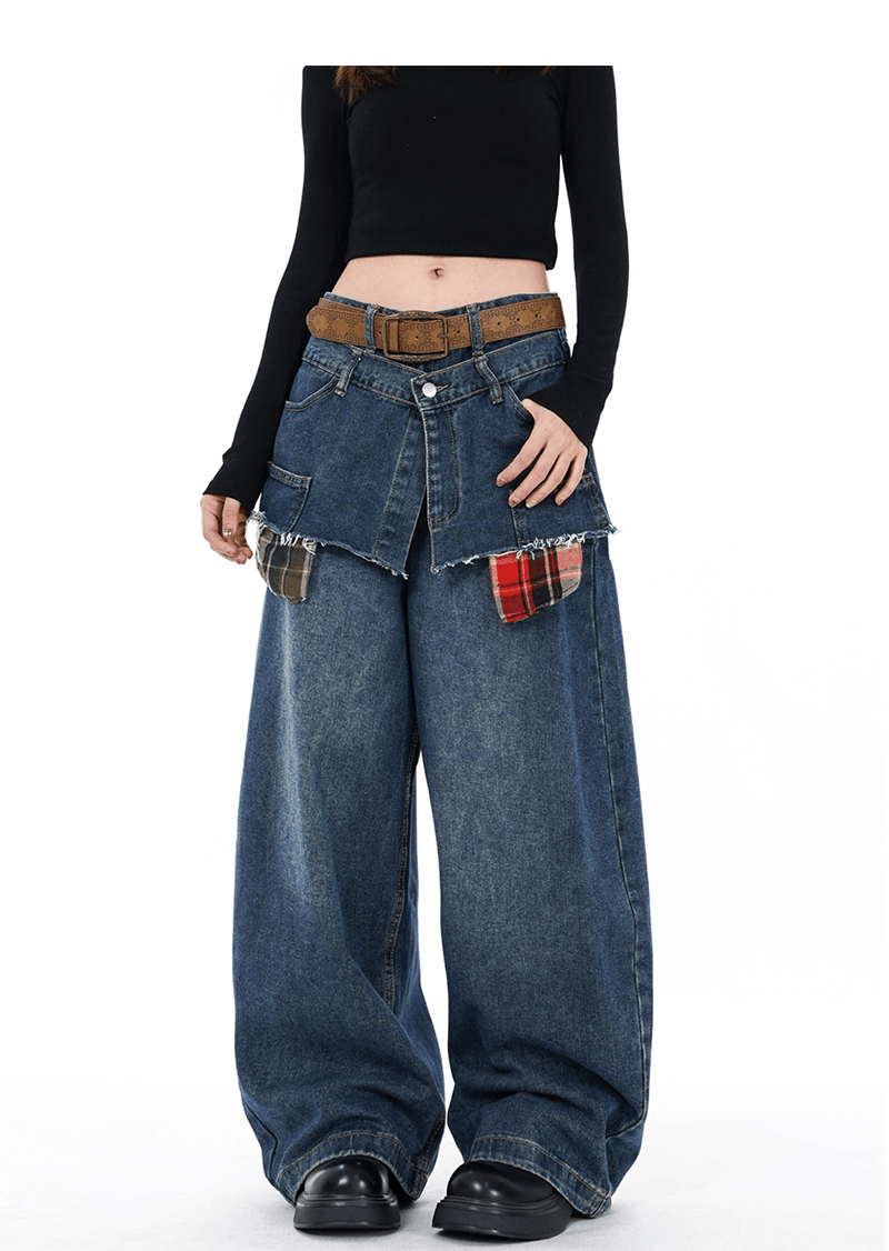 Double Waist Plaid Patchwork Wide - Leg Jeans - COPPING THREADS - CT Select