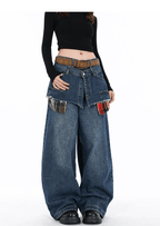 Double Waist Plaid Patchwork Wide - Leg Jeans - COPPING THREADS - CT Select