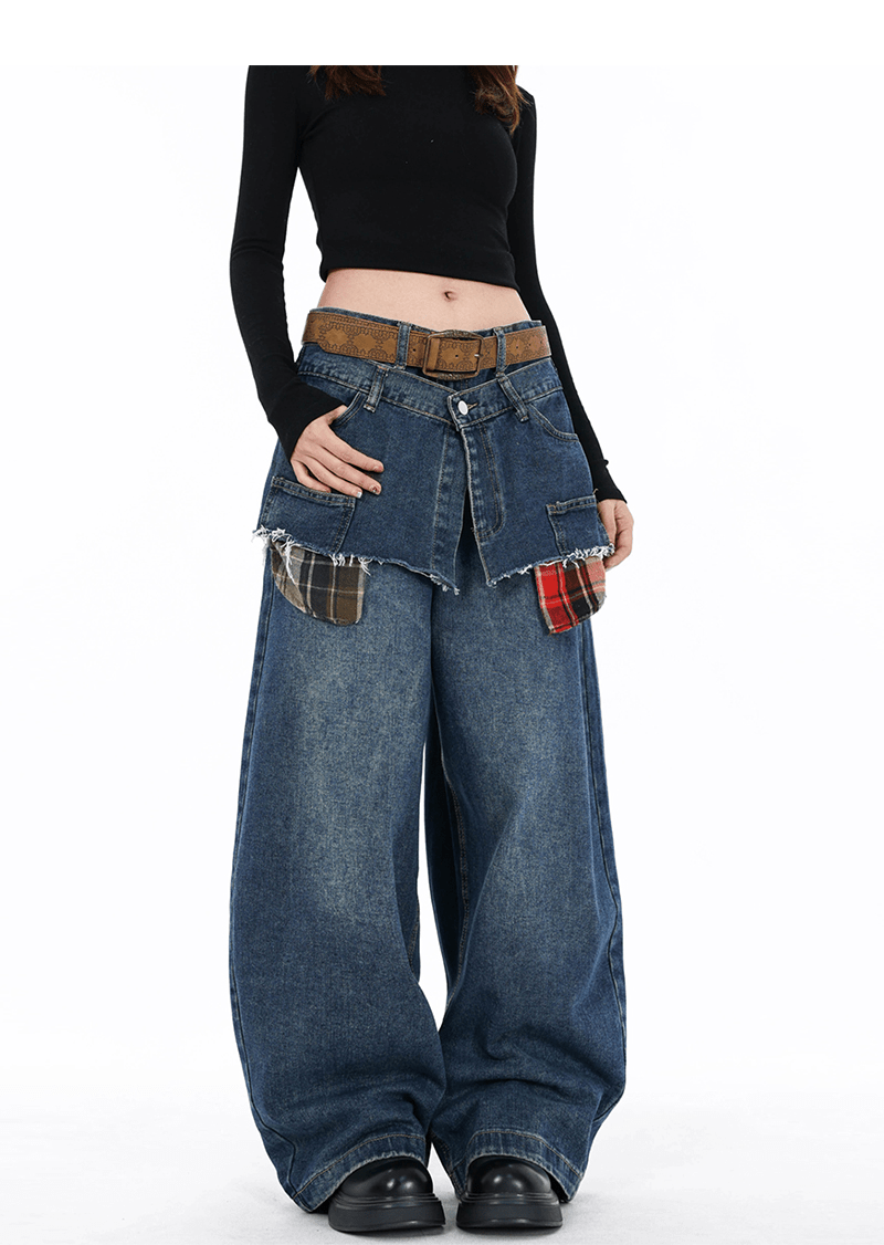 Double Waist Plaid Patchwork Wide - Leg Jeans - COPPING THREADS - CT Select