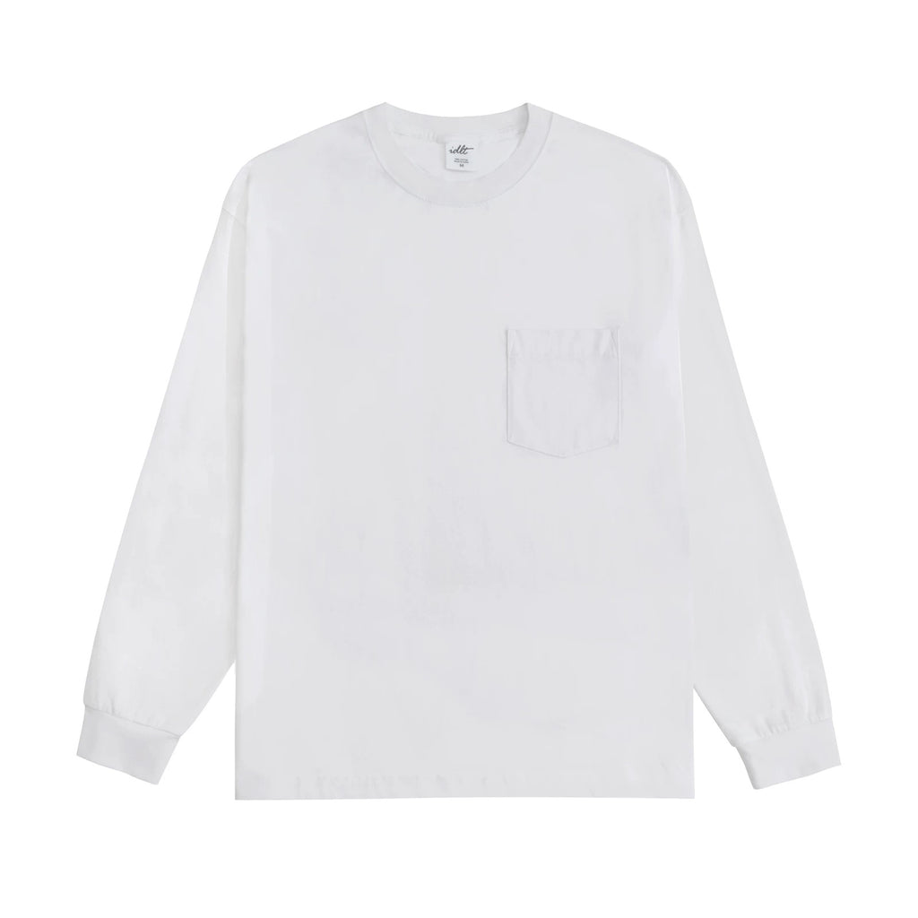 IDLT long sleeve pocket T-shirt, white front.