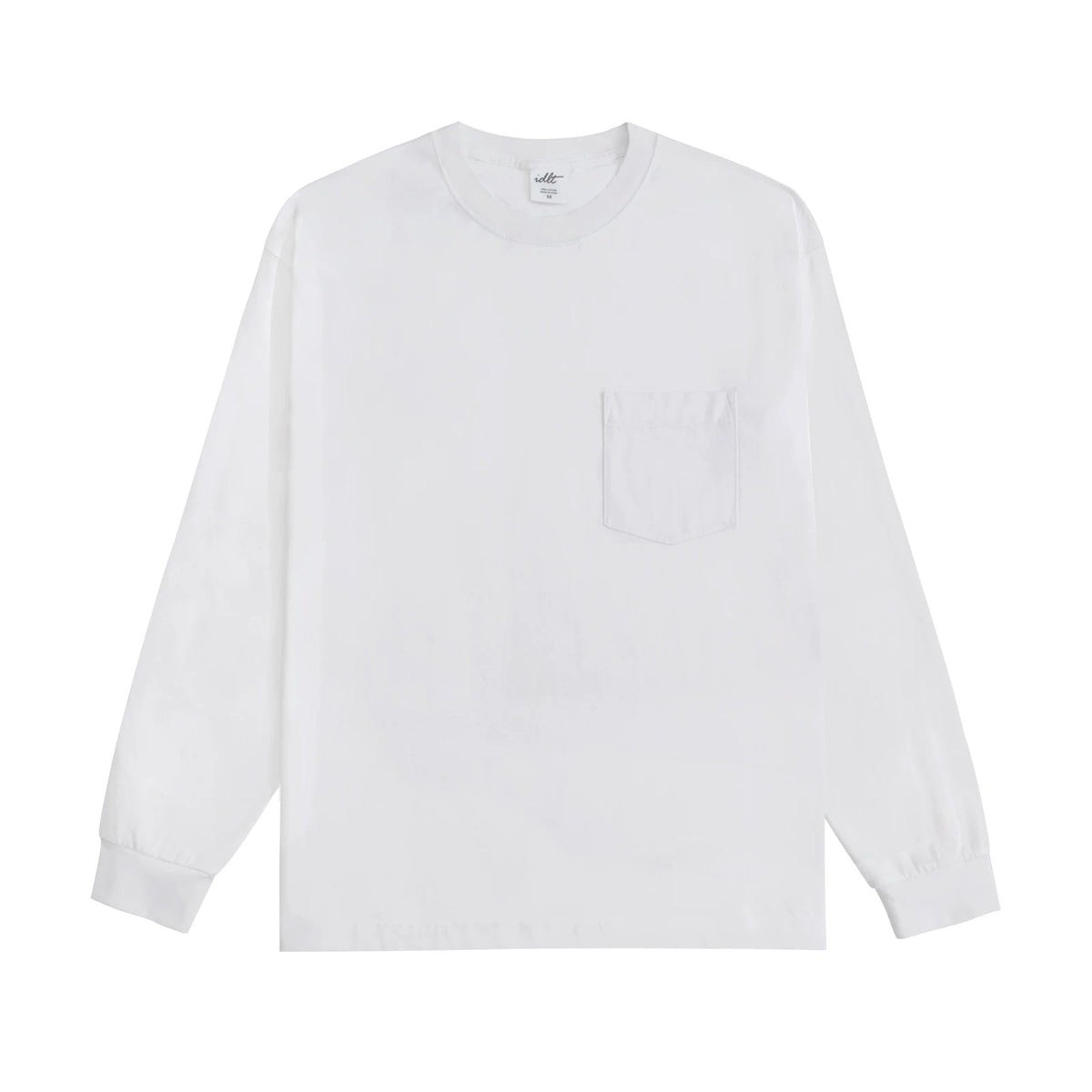 IDLT long sleeve pocket T-shirt, white front.