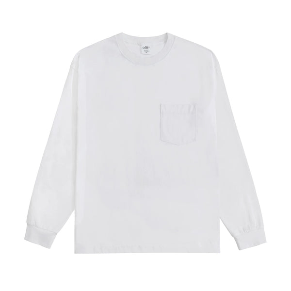 IDLT long sleeve pocket T-shirt, white front.