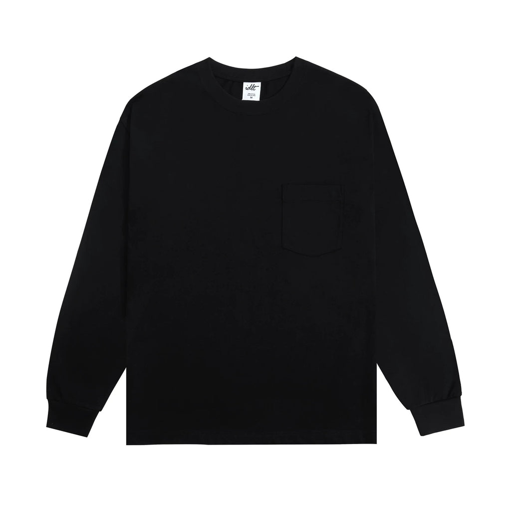 IDLT long sleeve pocket T-shirt, black front.