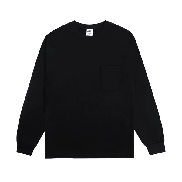 IDLT long sleeve pocket T-shirt, black front.