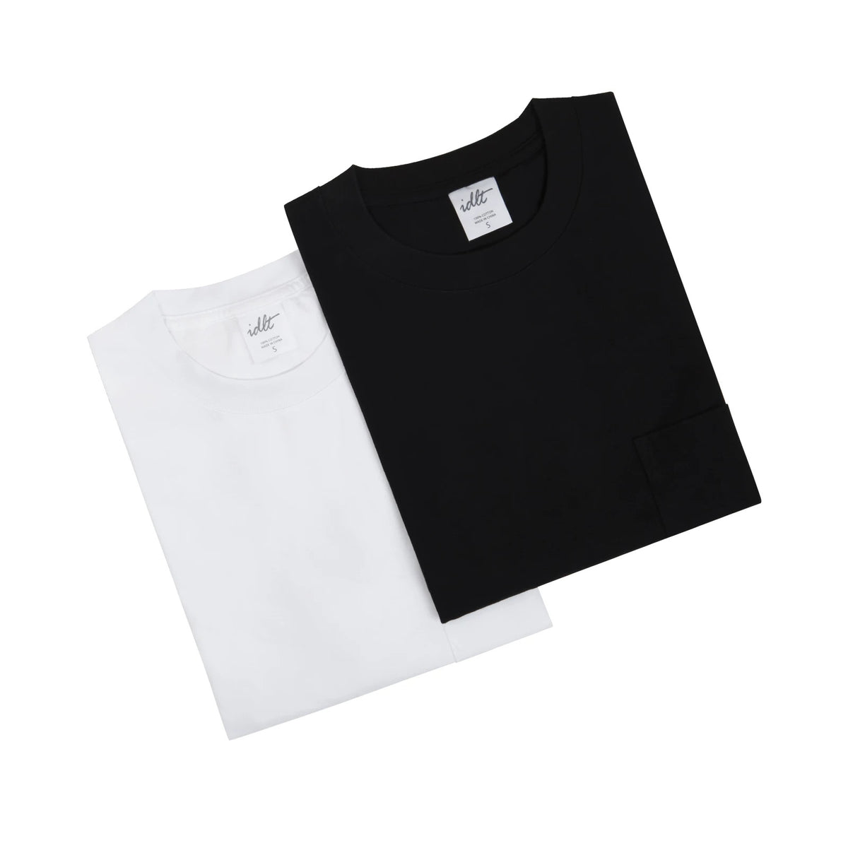 IDLT long sleeve pocket T-shirt, black and white folded pair.