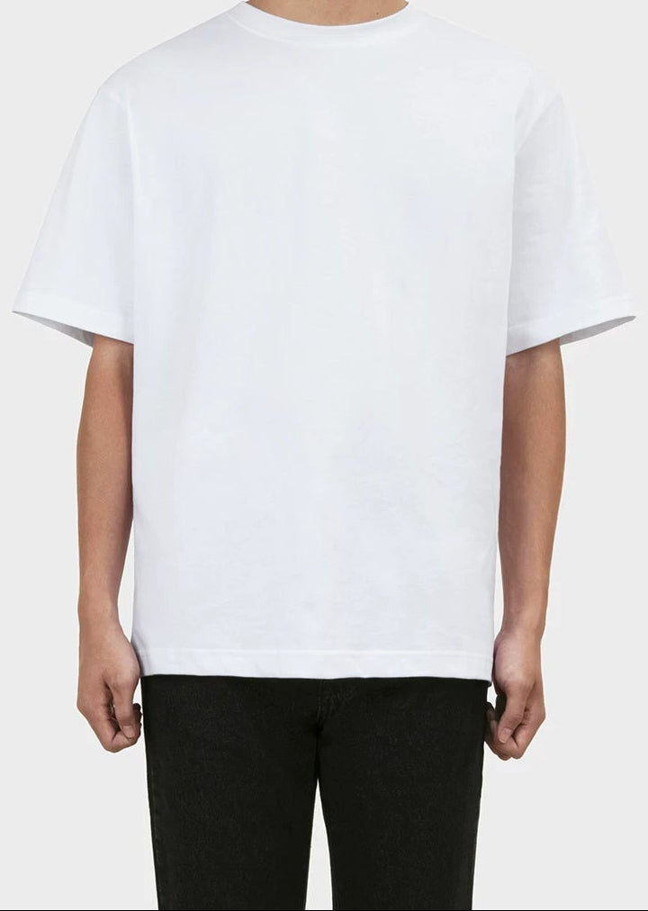 IDLT T-shirt, white front on model.
