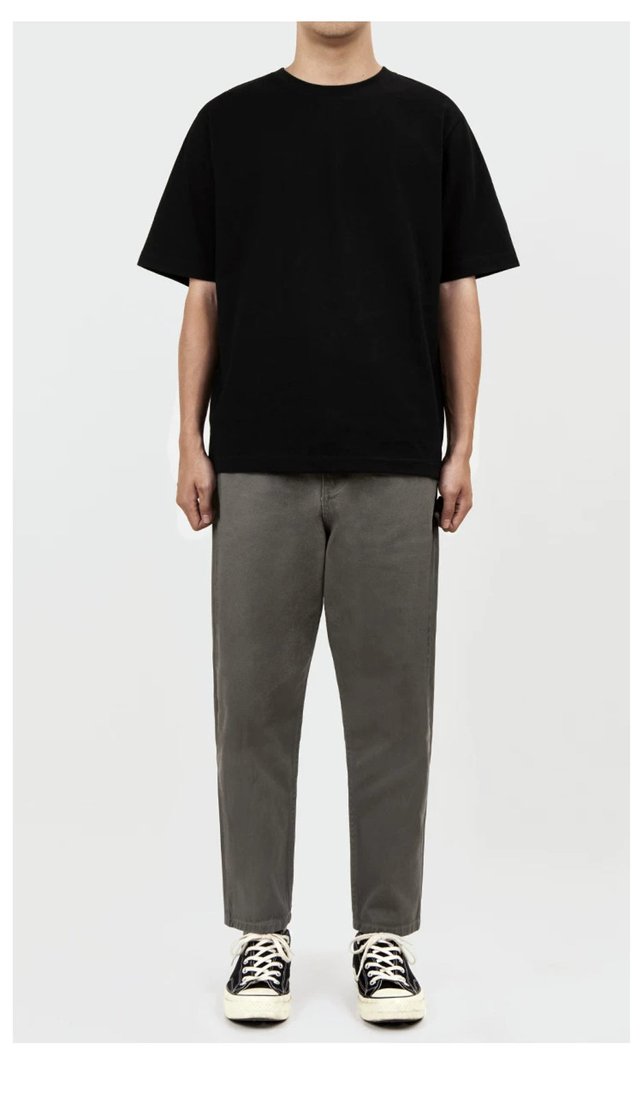 IDLT T-shirt, black full outfit on model.