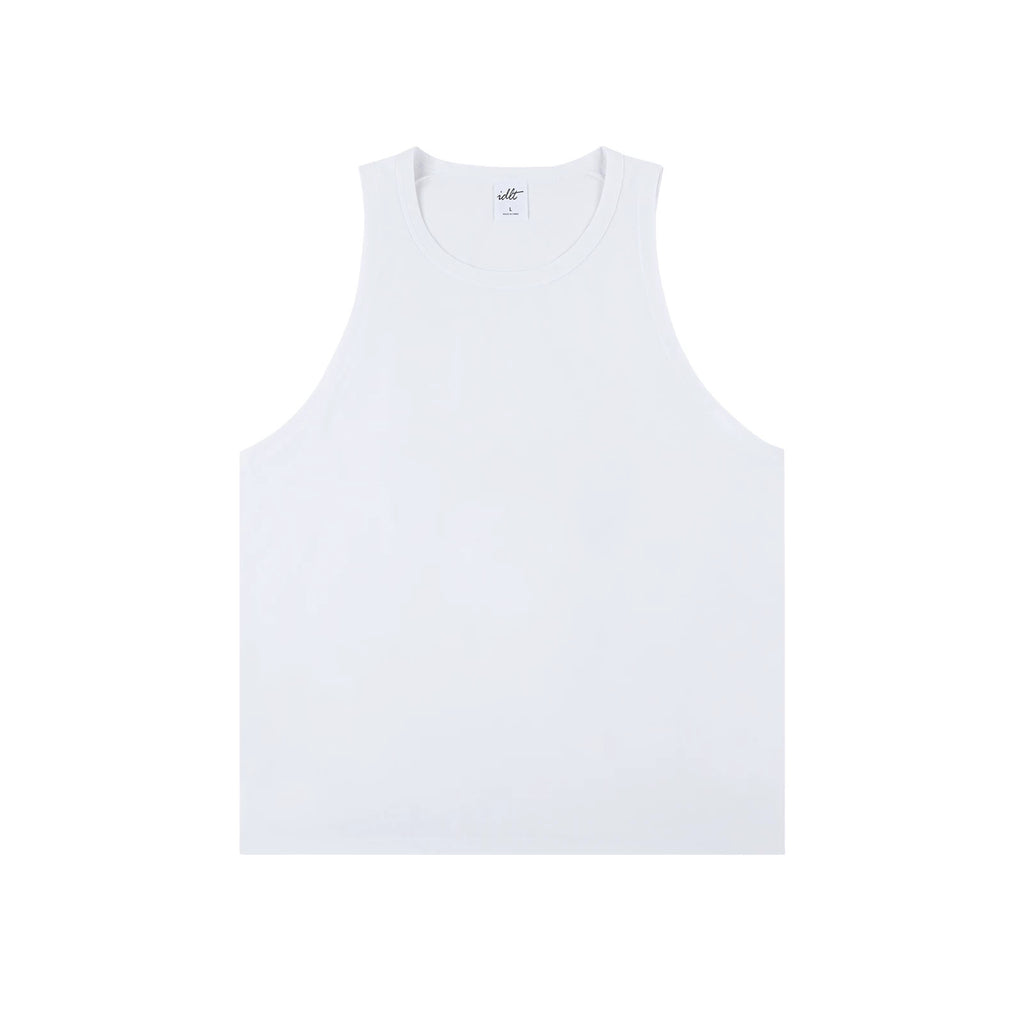 IDLT tank top, white front.