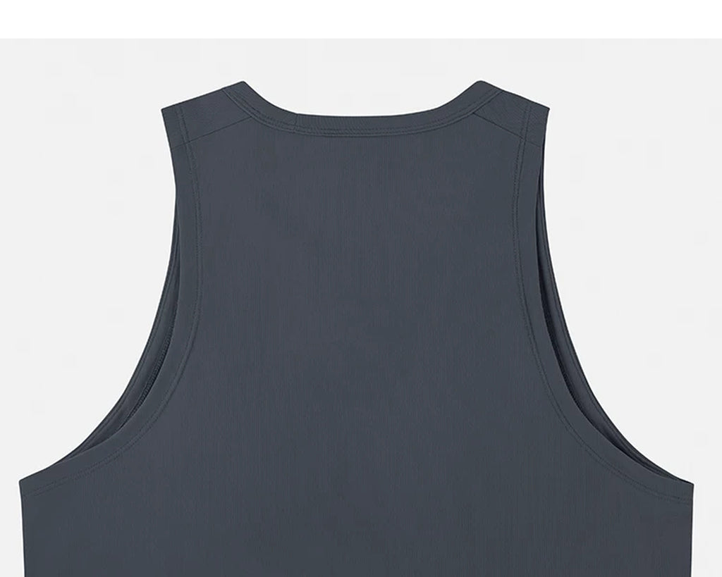 IDLT tank top, dark gray back neckline.