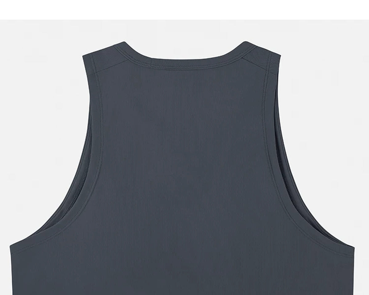 IDLT tank top, dark gray back neckline.