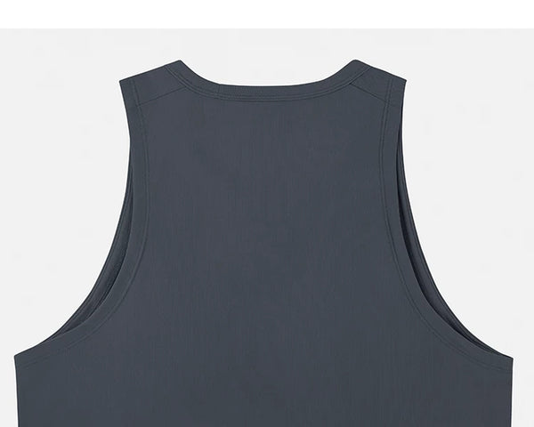 IDLT tank top, dark gray back neckline.