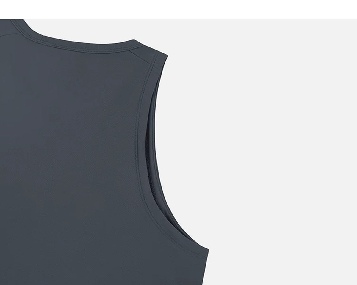 IDLT tank top, dark gray back shoulder seam.