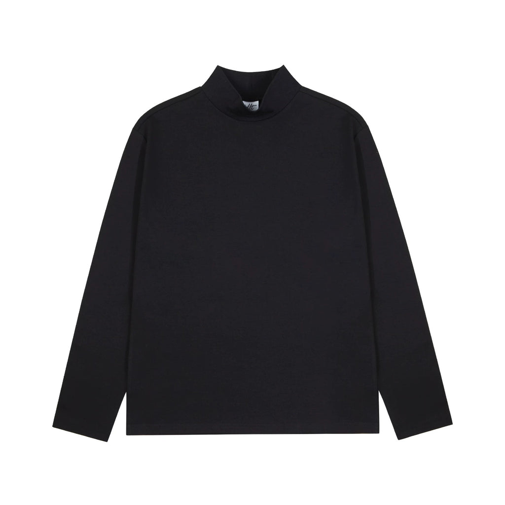 IDLT mock neck top, black front.