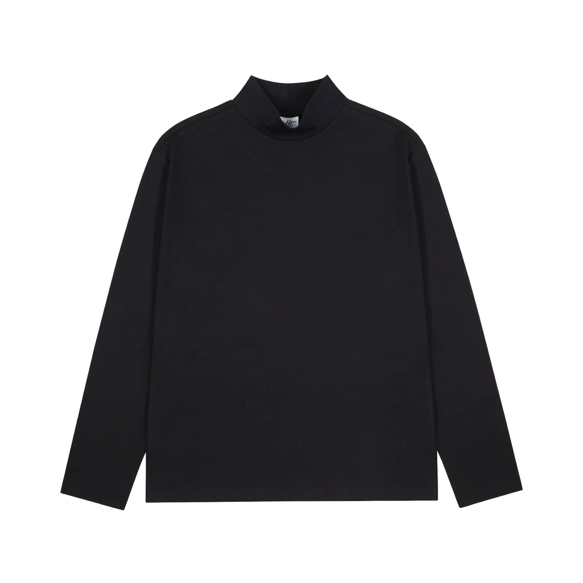 IDLT mock neck top, black front.