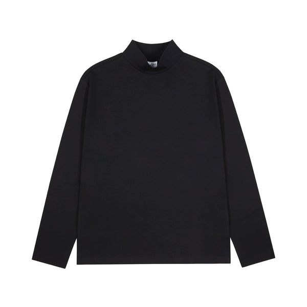 IDLT mock neck top, black front.