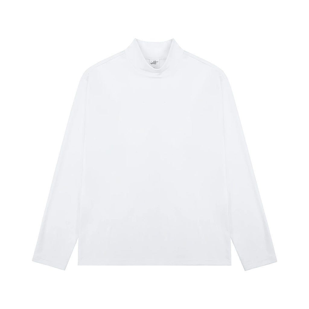 IDLT mock neck top, white front.