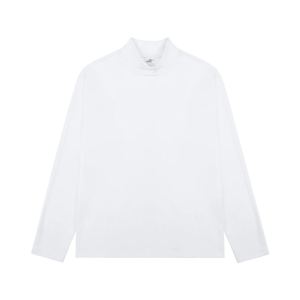 IDLT mock neck top, white front.