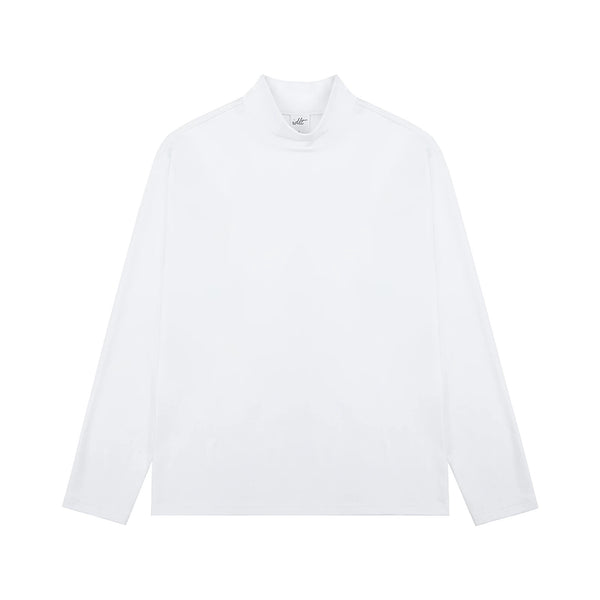IDLT mock neck top, white front.