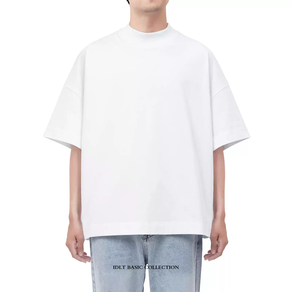 IDLT T-shirt, white front on model.
