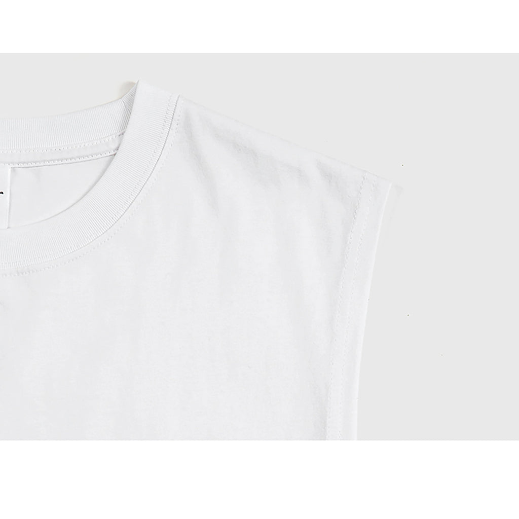 IDLT sleeveless T-shirt, white neckline and shoulder.