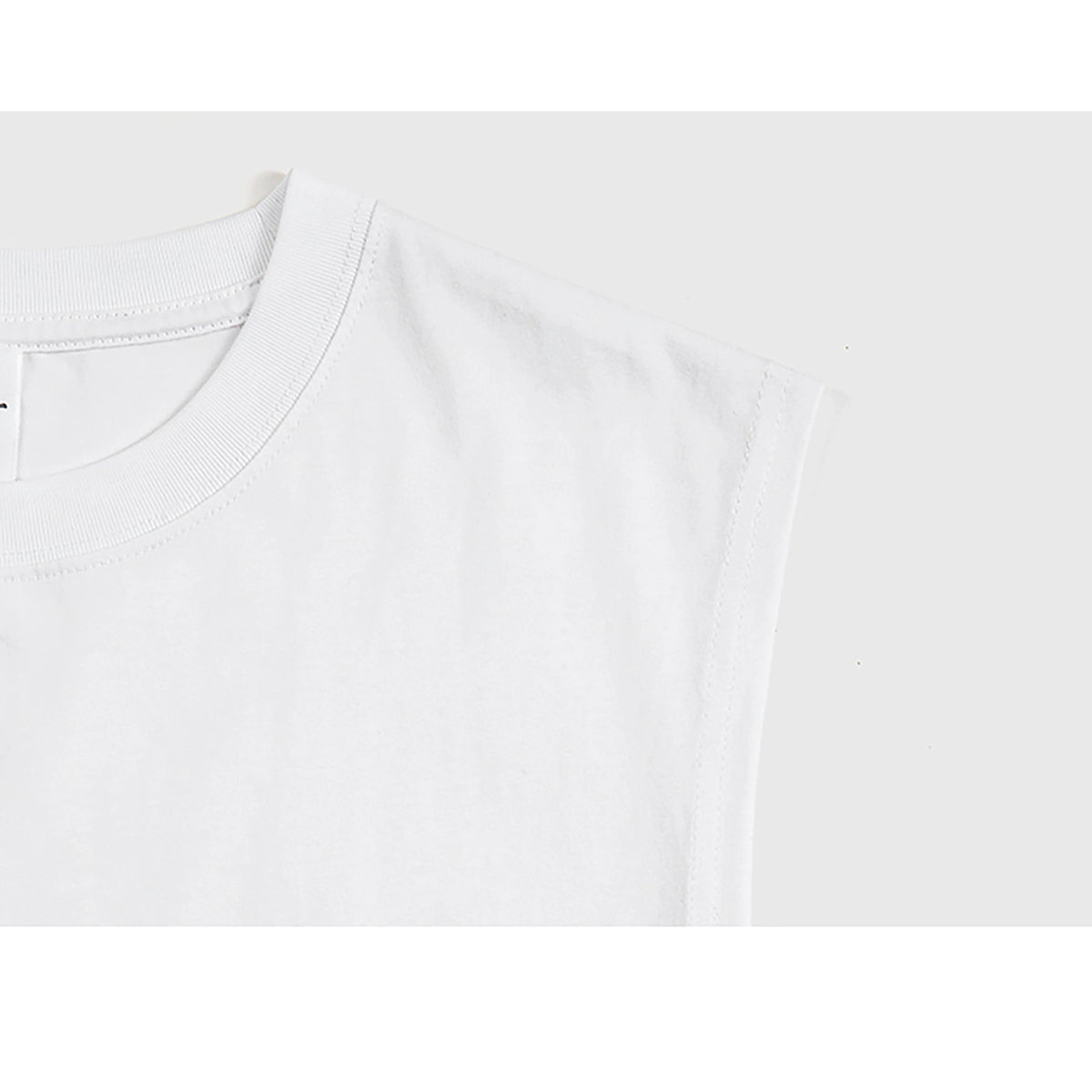 IDLT sleeveless T-shirt, white neckline and shoulder.