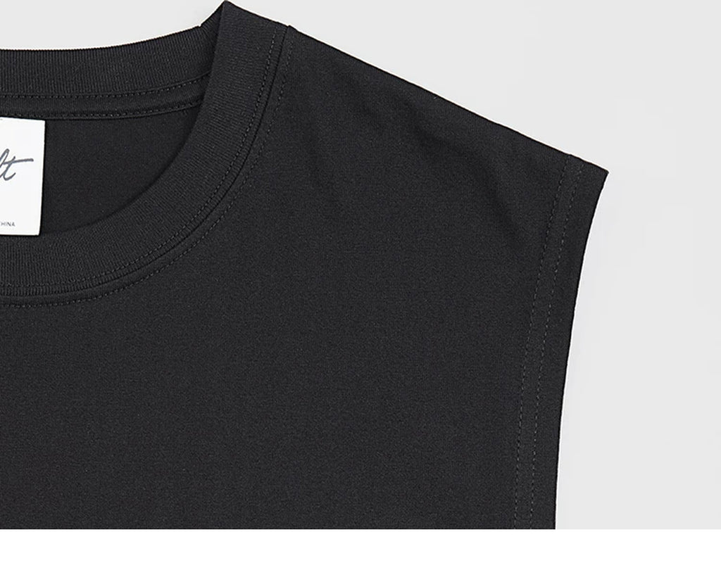 IDLT sleeveless T-shirt, black neckline and shoulder.