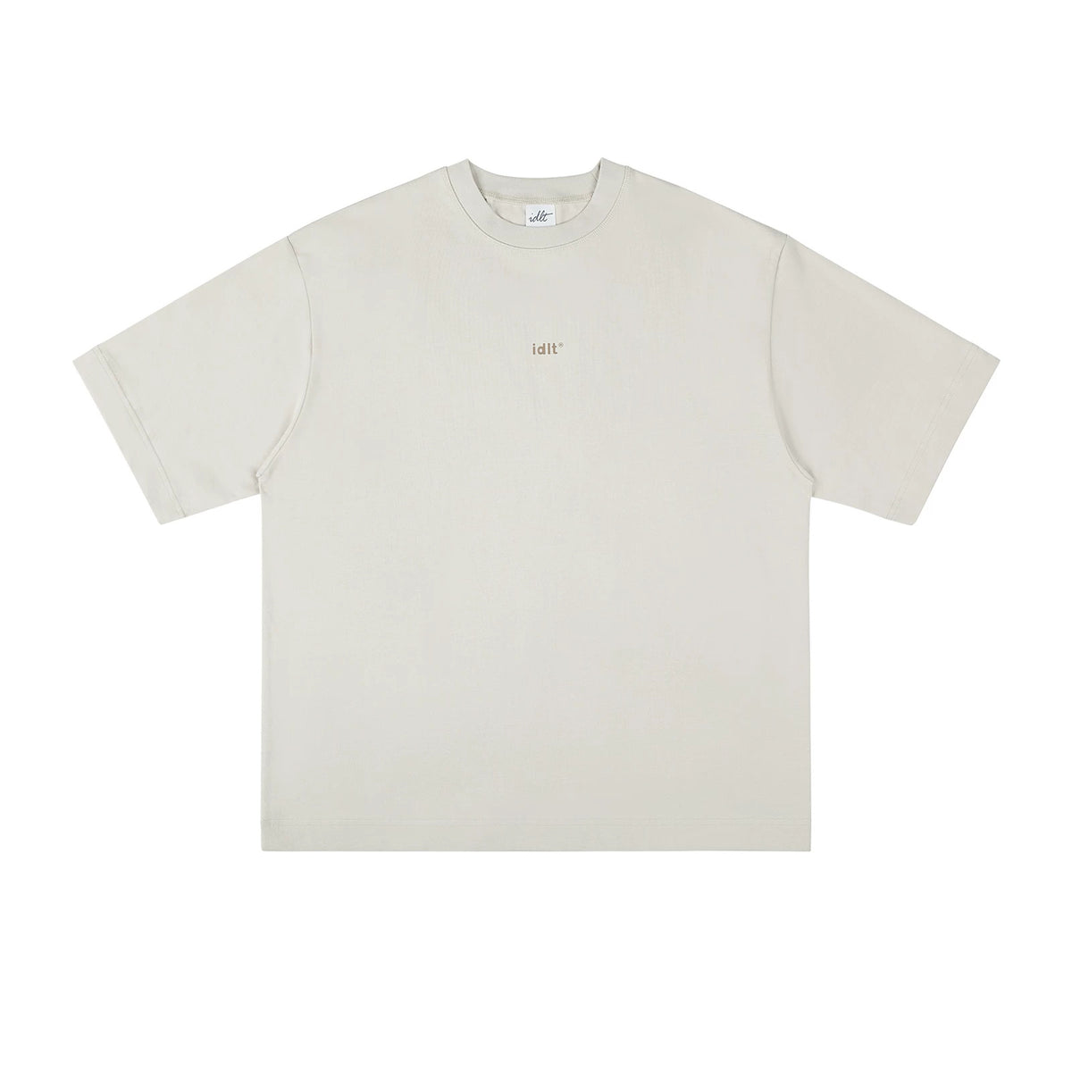 IDLT logo T-shirt, cream front.