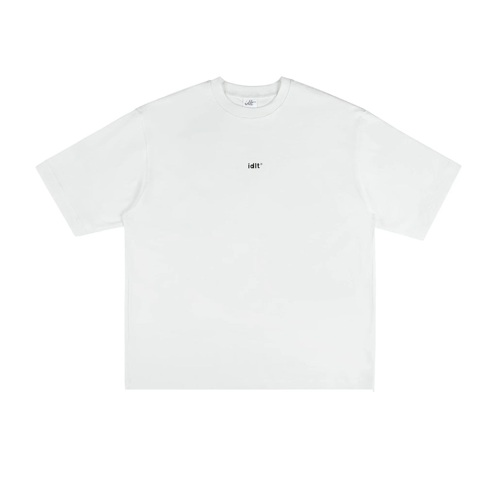 IDLT logo T-shirt, white front laid flat.
