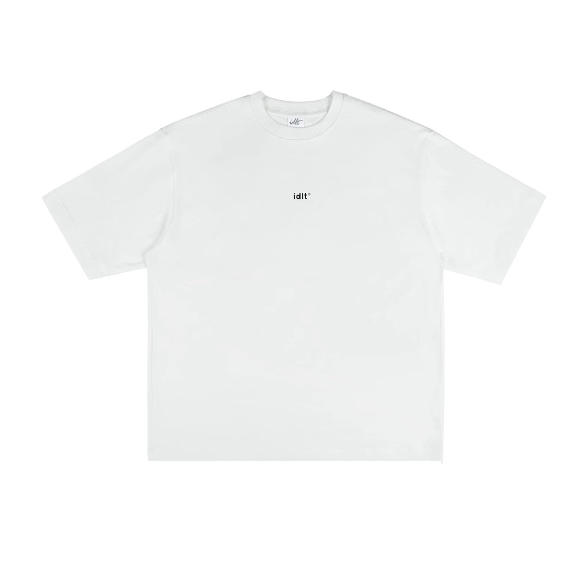 IDLT logo T-shirt, white front laid flat.