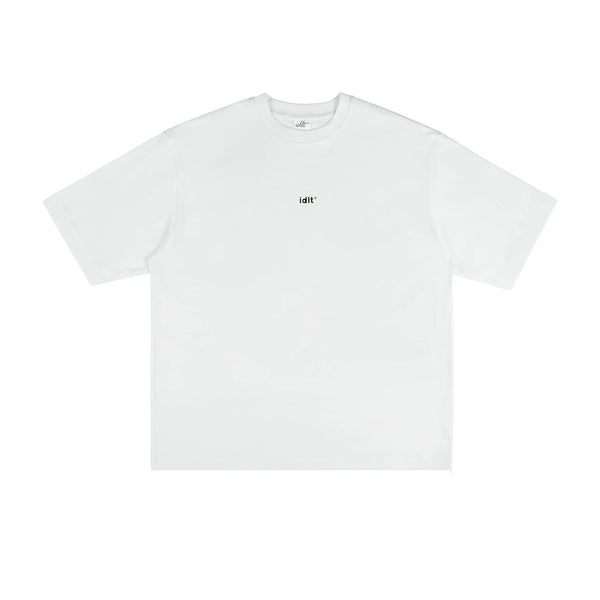 IDLT logo T-shirt, white front laid flat.