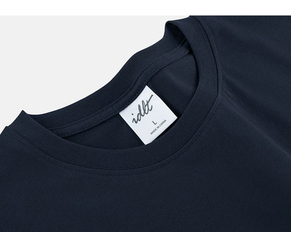 IDLT T-shirt, navy neckline label.