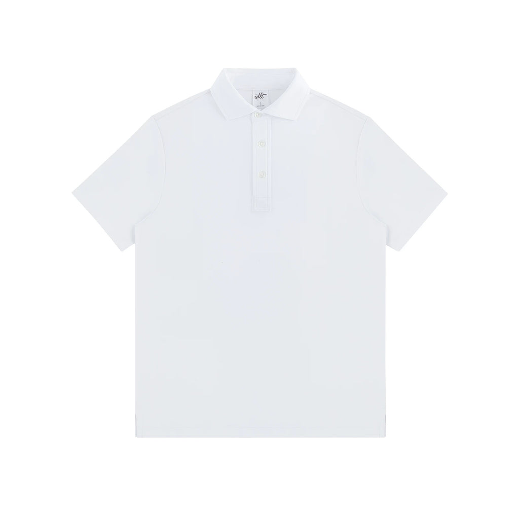 IDLT polo shirt, white front.