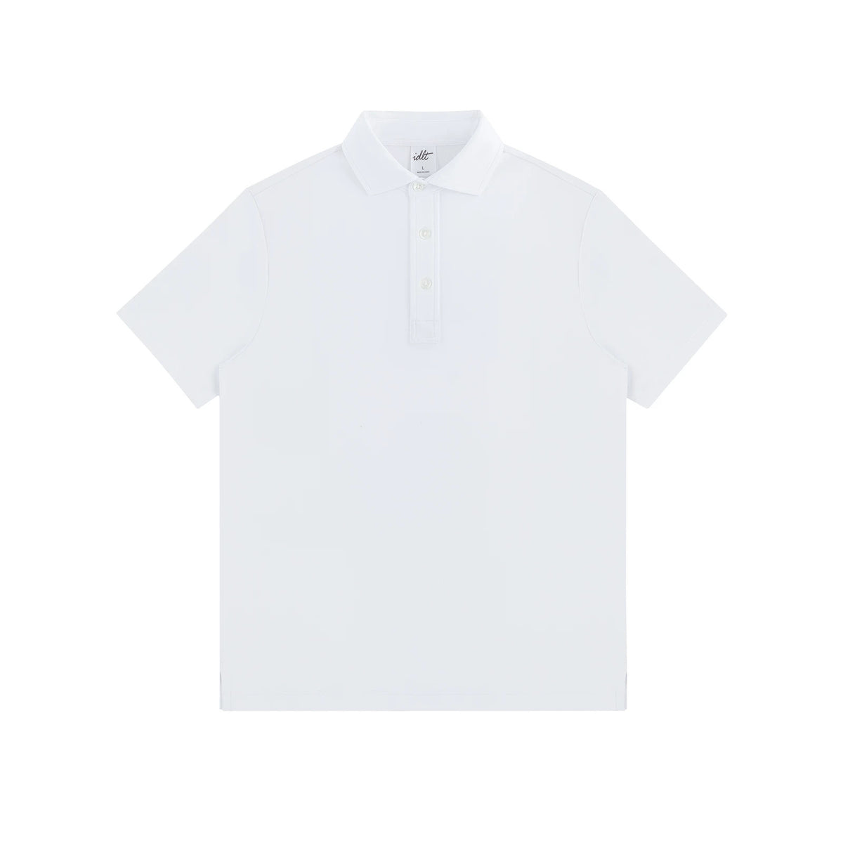 IDLT polo shirt, white front.