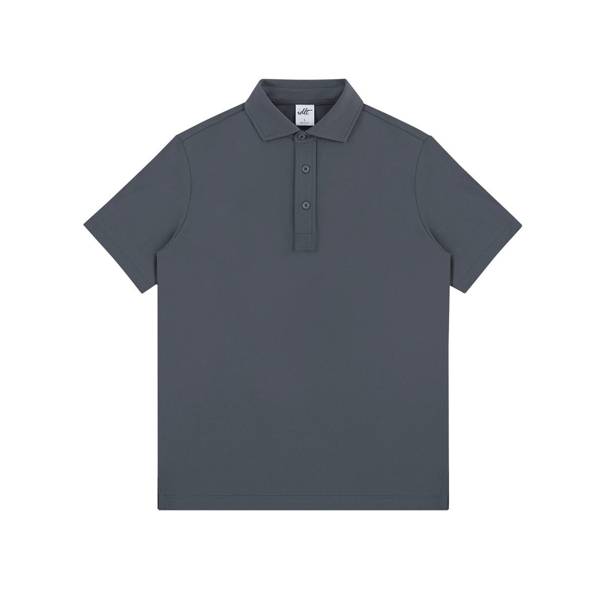 IDLT polo shirt, dark gray front.